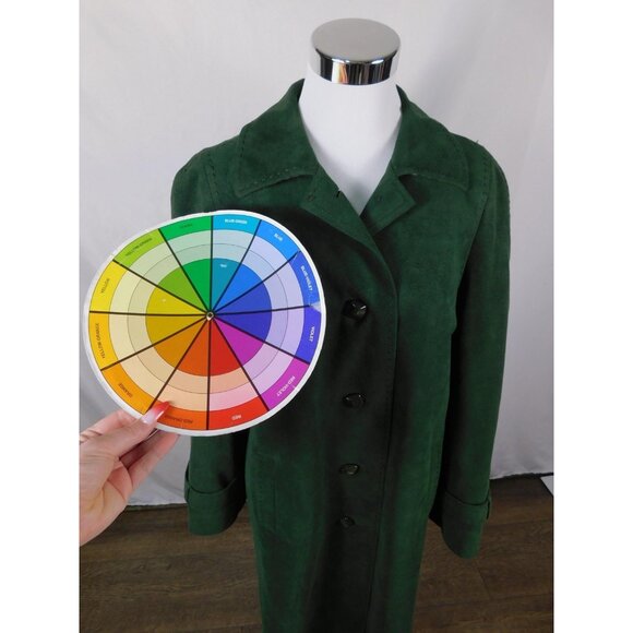 Faux Suede Long Coat Womens Emerald Green Button Front Lined Cuff Tabs Overcoat - Picture 9 of 11